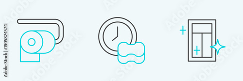 Set line Cleaning service for window, Toilet paper roll and Washing dishes icon. Vector