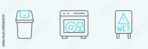 Set line Wet floor, Trash can and Dishwasher machine icon. Vector
