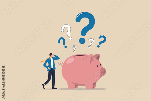 Man pondering over financial savings and investment uncertainties with a piggy bank