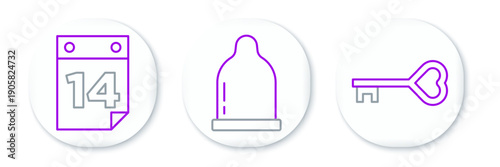Set line Key in heart shape, Calendar with February 14 and Condom icon. Vector