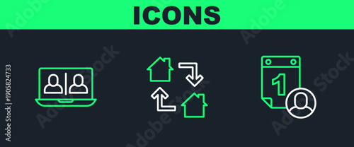 Set line Time management, Video chat conference and Online working icon. Vector