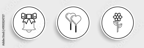Set line Flower, Ringing bell and Balloons form of heart with ribbon icon. Vector