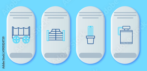 Set line Saloon door, Cactus peyote in pot, Wild west covered wagon and Canteen water bottle icon. Vector