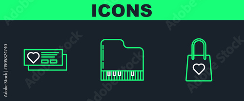 Set line Shopping bag with heart, Ticket and Grand piano icon. Vector