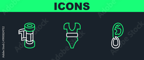 Set line Ear with earring, Camera roll cartridge and Swimsuit icon. Vector