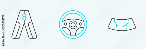 Set line Broken windshield, Car battery jumper power cable and Steering wheel icon. Vector