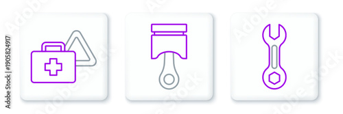 Set line Wrench spanner, First aid kit and warning triangle and Engine piston icon. Vector