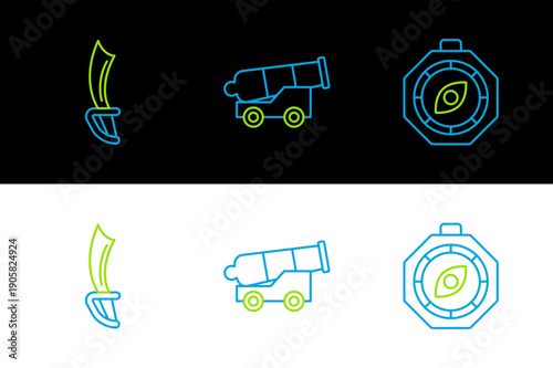 Set line Compass, Pirate sword and Cannon icon. Vector