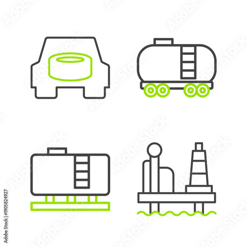 Set line Oil platform in the sea, tank storage, railway cistern and Spare wheel car icon. Vector