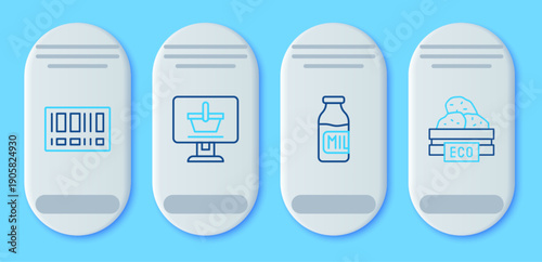Set line Shopping cart on computer, Bottle with milk, Barcode and Wooden box for fruits icon. Vector