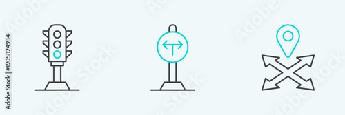 Set line Location, Traffic light and Fork in the road icon. Vector