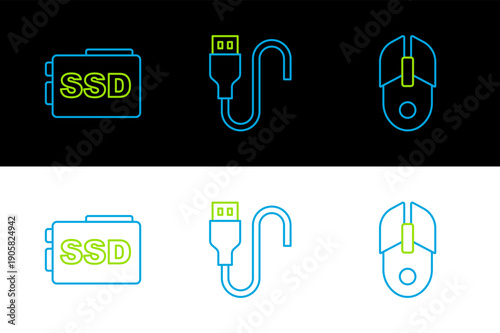 Set line Computer mouse, SSD card and USB cable cord icon. Vector