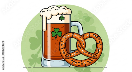 St patrick's day beer mug with pretzel and shamrocks on green background