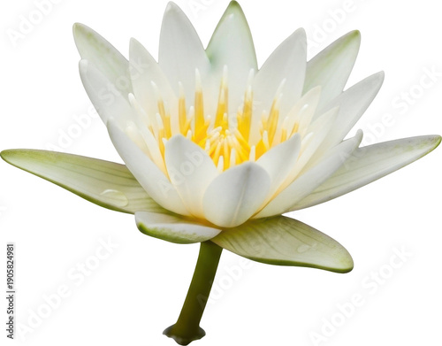 A pristine white water lily in full bloom on transparent background