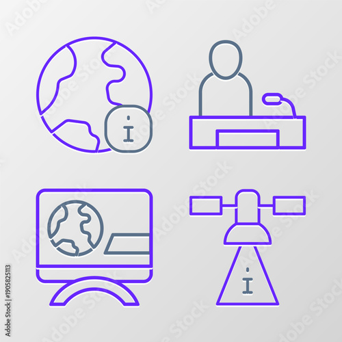Set line Satellite, Breaking news, Television report and World icon. Vector