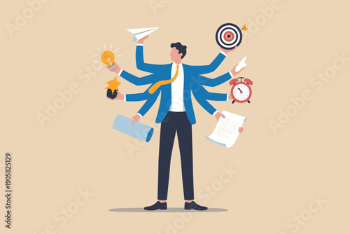 A busy professional overwhelmed by multiple tasks and responsibilities at once