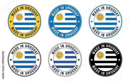Set of made in Uruguay badges with flag and various colored borders and outlines