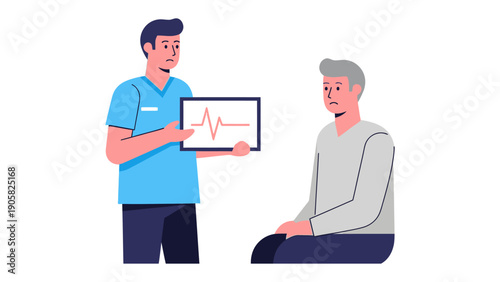 Medical Examination: A doctor explains an electrocardiogram to an elderly patient, highlighting the importance of health checkups and medical care. 