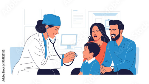 Health Consultation: A friendly doctor examines a young boy in a clinic while the boy's parents watch. The scene depicts medical care and the doctor-patient relationship.