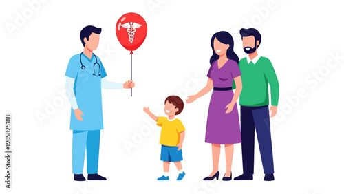 Healthcare Support for Family: A doctor offering care with a medical symbol balloon, connecting with a family.