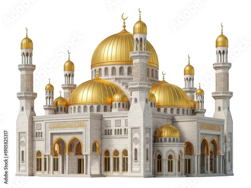 Grand mosque with golden domes isolated on transparent background