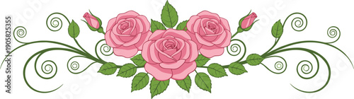 Elegant Horizontal Pink Rose Bouquet Header with Curled Green Vines and Decorative Leaves for Wedding Stationery, Website Banners, and Romantic Page Divider Graphic Elements