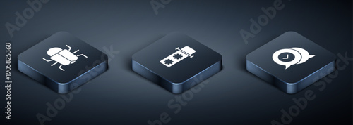 Set Isometric System bug, Check mark in speech bubble and Password protection icon. Vector