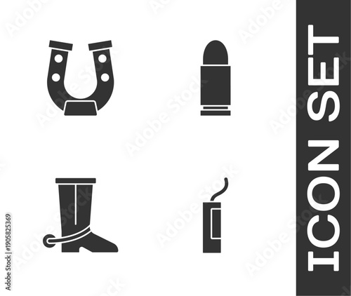 Set Dynamite bomb, Horseshoe, Cowboy boot and Bullet icon. Vector