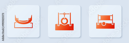 Set Car tire hanging on rope, Boat swing and Volleyball net with ball. White square button. Vector