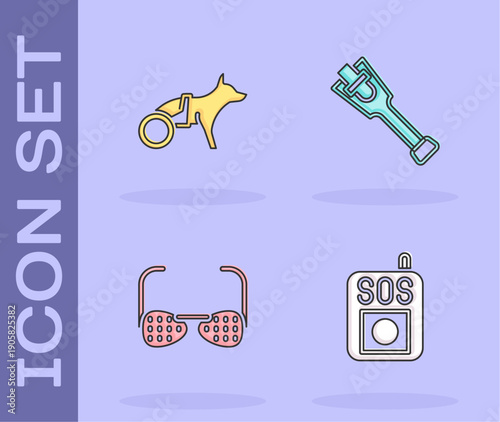 Set Press the SOS button, Dog in wheelchair, Blind glasses and Prosthesis leg icon. Vector