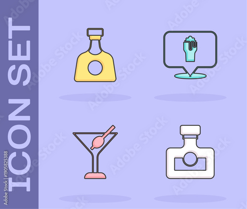 Set Alcohol drink Rum, Tequila bottle, Martini glass and or beer bar location icon. Vector
