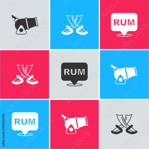 Set Cannon, Crossed pirate swords and Alcohol drink Rum icon. Vector