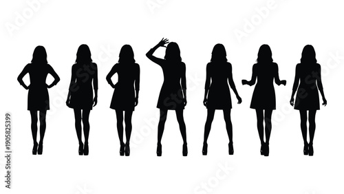 Silhouettes of women in various poses and outfits showcasing diversity in fashion Vector