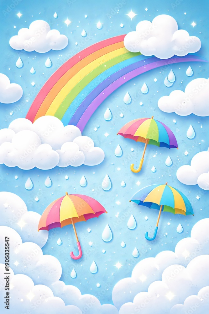 Obraz premium A bright blue sky filled with fluffy clouds, falling raindrops, colorful umbrellas, and a vibrant rainbow creates a joyful weather-themed scene. The playful paper-cut style