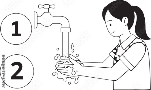 A young girl following the steps to wash her hands properly and thoroughly.