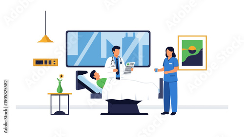 Hospital Care: Depicting a scene of medical care with a doctor examining a patient in a hospital bed, attended by a nurse, showcasing healthcare and wellness.