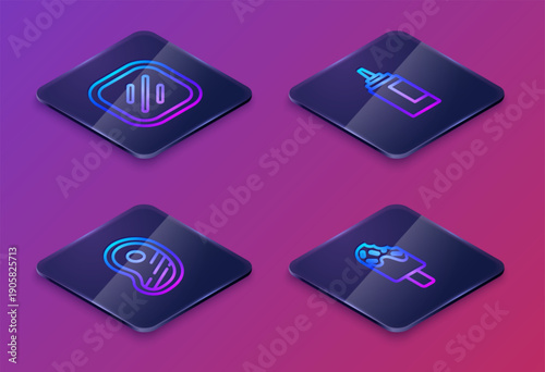 Set Isometric line Steak meat, , Sauce bottle and Ice cream. Blue square button. Vector