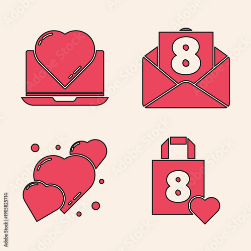 Set Shopping bag with heart, Online dating app and chat, Envelope with 8 March and Heart icon. Vector