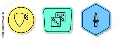 Set line Cowboy bandana, Game dice and Dagger. Colored shapes. Vector
