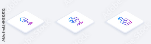 Set Isometric line Shovel, Hexagram sheriff and Tequila bottle. White square button. Vector
