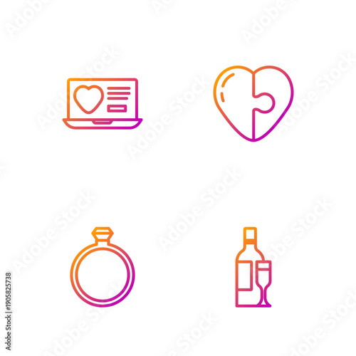 Set line Champagne bottle, Diamond engagement ring, Dating app online and Heart. Gradient color icons. Vector