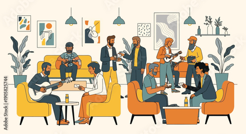 A inviting flat design illustration depicting a lively networking lounge for creative professionals from music, film, and technology at a major event