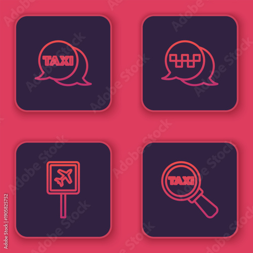 Set line Taxi call telephone service, Airport, and Magnifying glass and taxi car. Blue square button. Vector