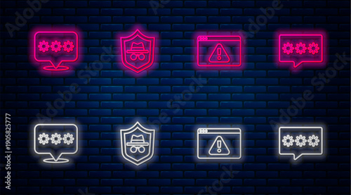 Set line Incognito mode, Browser with exclamation mark, Password protection and . Glowing neon icon on brick wall. Vector