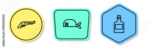 Set line Vintage pistol, Pirate bandana for head and Alcohol drink Rum. Colored shapes. Vector