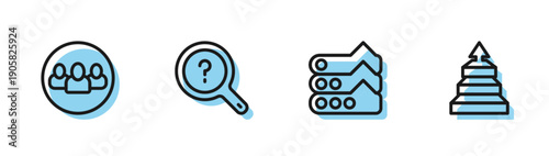 Set line Graph, chart, diagram, Project team base, Unknown search and Pyramid infographics icon. Vector