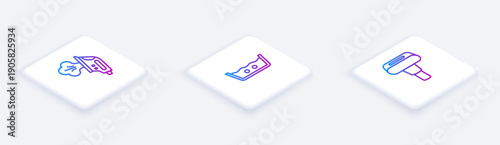 Set Isometric line Electric iron, Temperature wash and Garment steamer. White square button. Vector