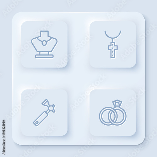 Set line Necklace on mannequin, Christian cross chain, Jewelers lupe and Wedding rings. White square button. Vector