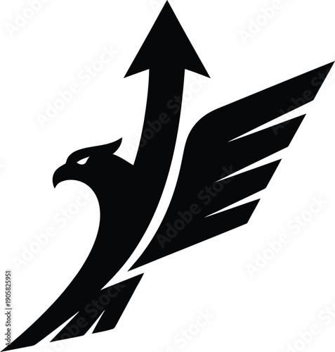 A sleek black eagle in flight with an upward arrow symbolizing growth and freedom soaring through the air with wings outstretched from a dynamic side viewpoint