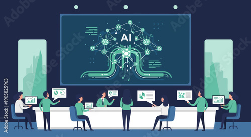 An intelligent flat design illustration portraying a large AI and data science conference, with attendees engaging with complex data visualizations and discussions